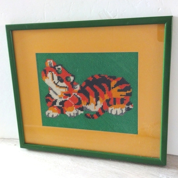 Glass Framed Colorful Tiger Needlepoint Art Printed Matted Green Orange - Picture 2 of 16
